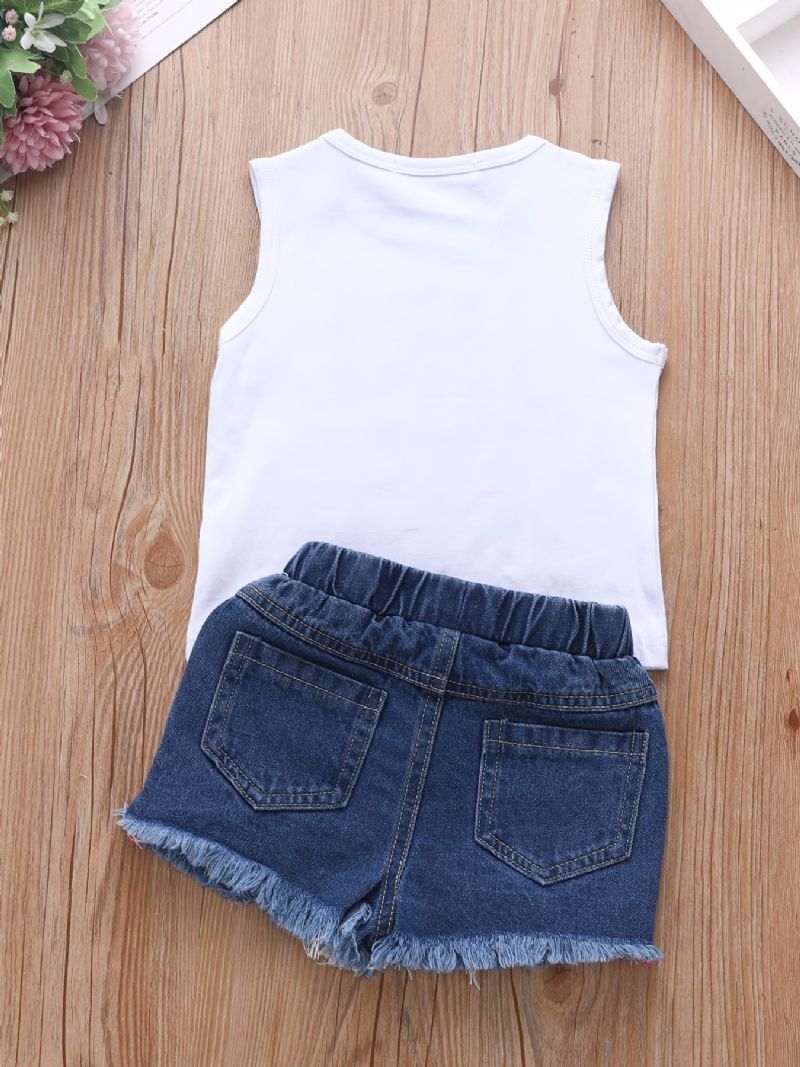 2 Stk Baby Piger Brevtryk Ærmeløse Tank Tops Vest & Ripped Denim Kort Børnetøj Sommer Outfits