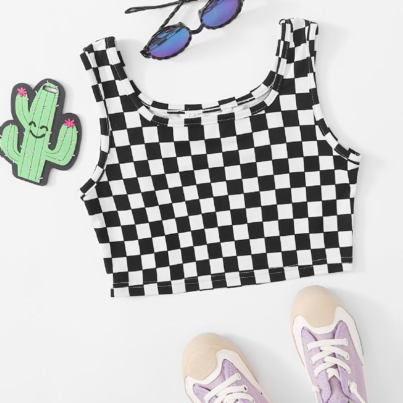 Børn Piger Plaid Ternet Print Ærmeløs Crop Tank Top Camisole Børnetøj