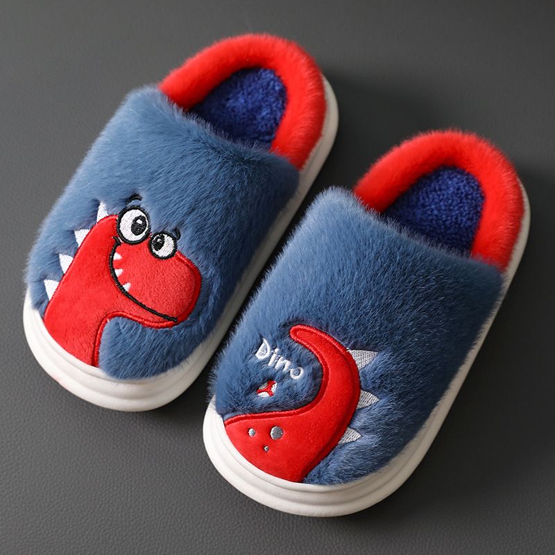 Småbørn Børn Fleece Hjemmesko Tegneserie Dinosaur Design Blød Sål Anti-slip Varme Slides Til Vinter House Sko