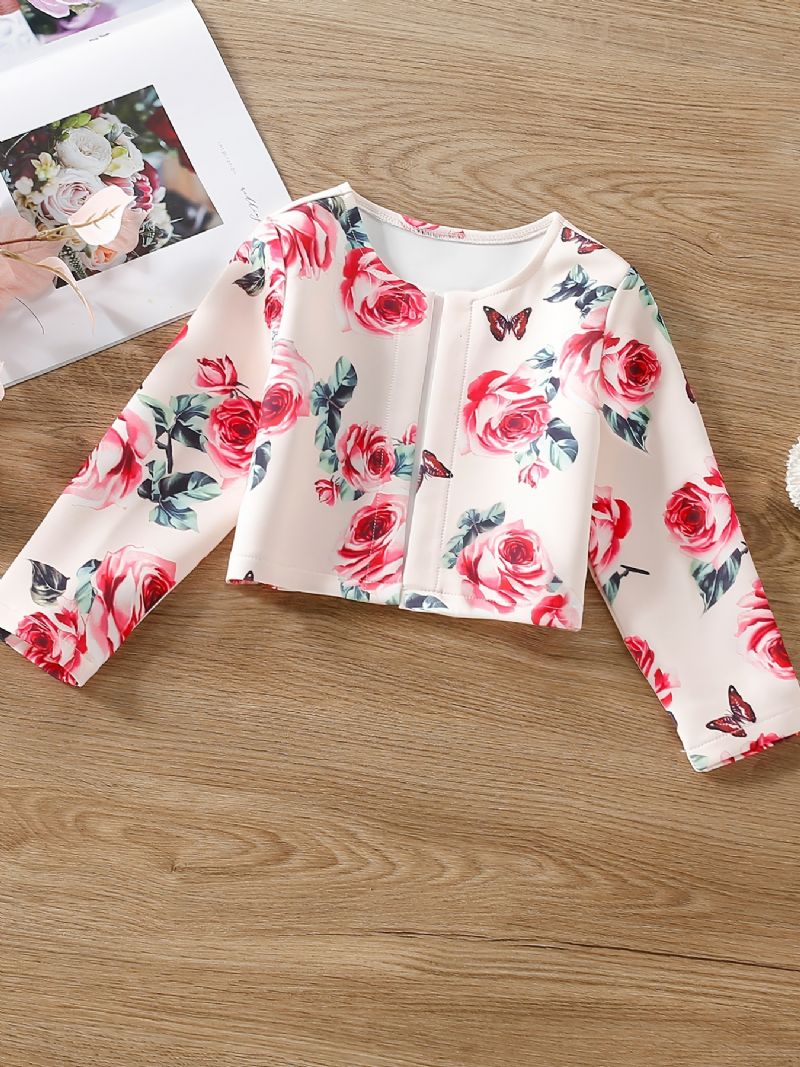 Baby Piger Cardigan Frakke Langærmet Rose Butterfly Print Top Børnetøj