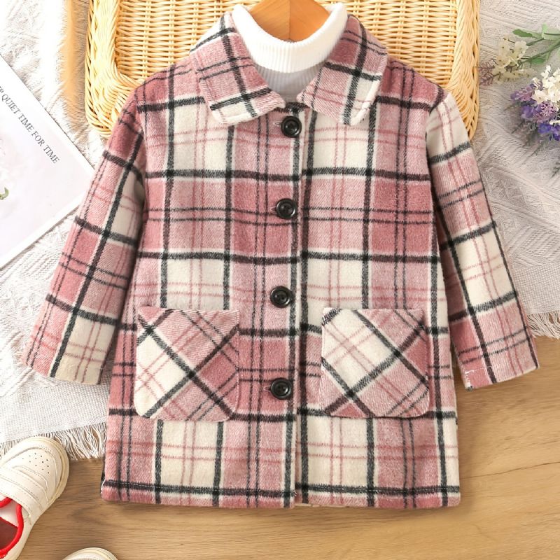 Baby Piger Frakke Plaid Revers Knap Jakke Med Lommer