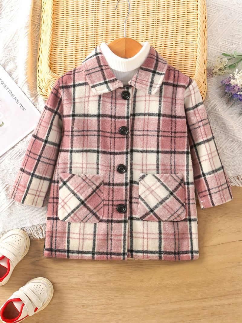 Baby Piger Frakke Plaid Revers Knap Jakke Med Lommer