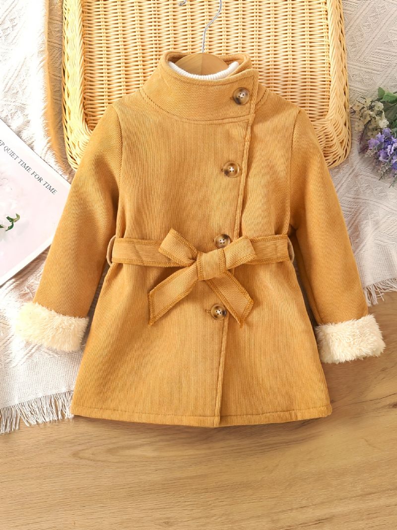 Baby Piger Solid Jakke Høj Hals Fleece Varm Frakke Med Bælte Børnetøj Vinter