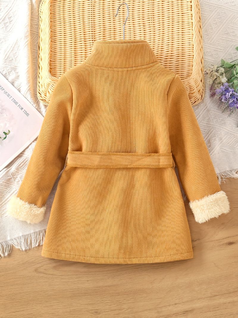 Baby Piger Solid Jakke Høj Hals Fleece Varm Frakke Med Bælte Børnetøj Vinter