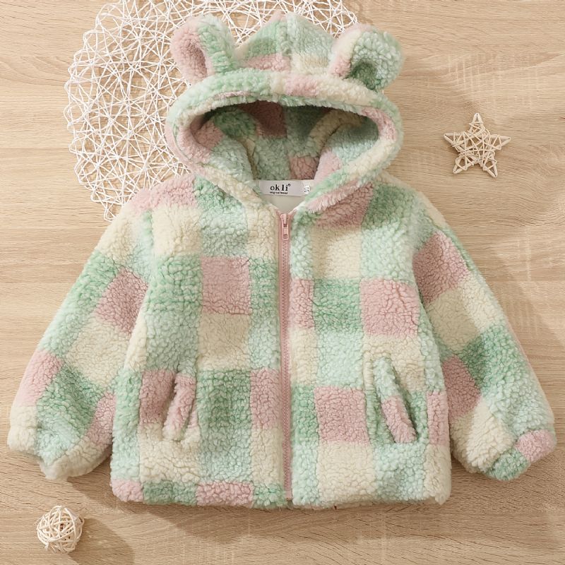 Babypiger Polar Fleece Bjørneører Jakke Plaid Lynlås Plys Varm Hættefrakke Børnetøj