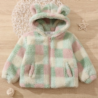 Babypiger Polar Fleece Bjørneører Jakke Plaid Lynlås Plys Varm Hættefrakke Børnetøj