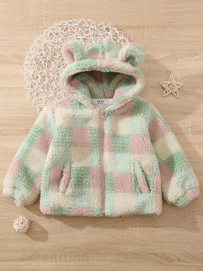 Babypiger Polar Fleece Bjørneører Jakke Plaid Lynlås Plys Varm Hættefrakke Børnetøj