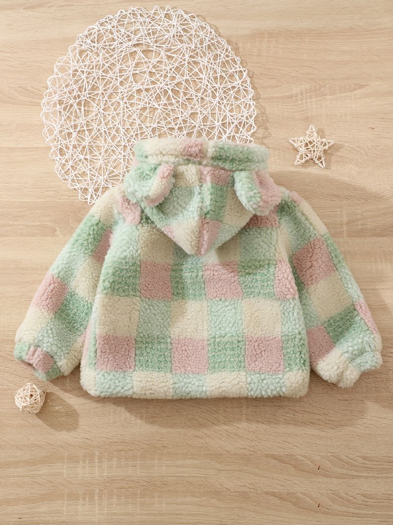 Babypiger Polar Fleece Bjørneører Jakke Plaid Lynlås Plys Varm Hættefrakke Børnetøj