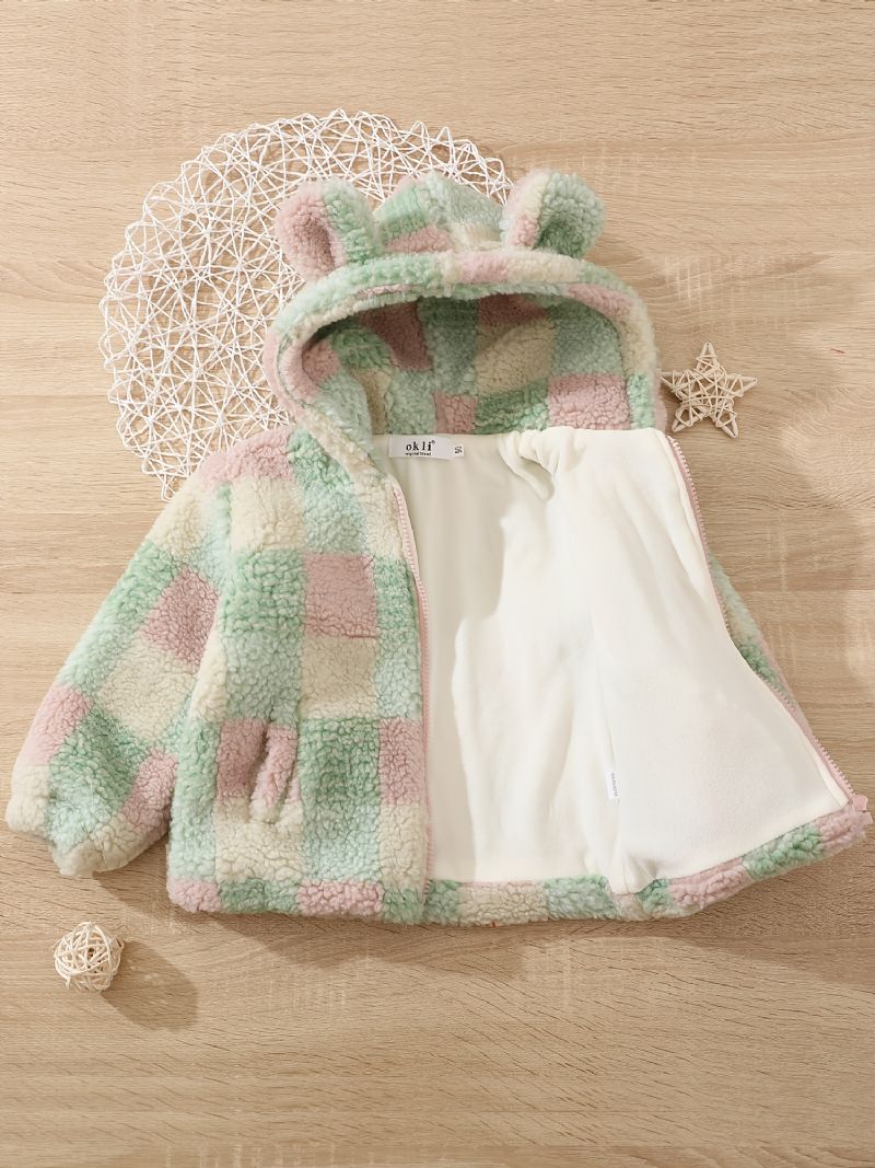 Babypiger Polar Fleece Bjørneører Jakke Plaid Lynlås Plys Varm Hættefrakke Børnetøj