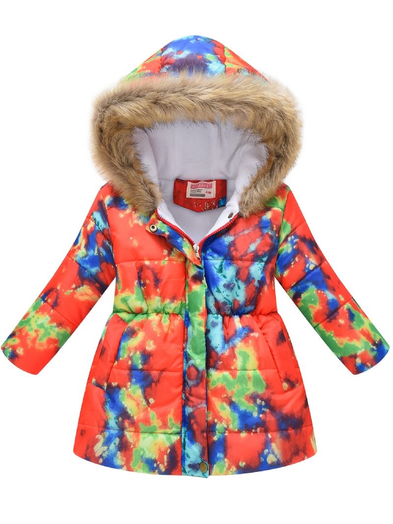 Babypiger Tykket Varm Pufferfrakke Tie Dye Print Lynlås Hættejakke Vinter Børnetøj