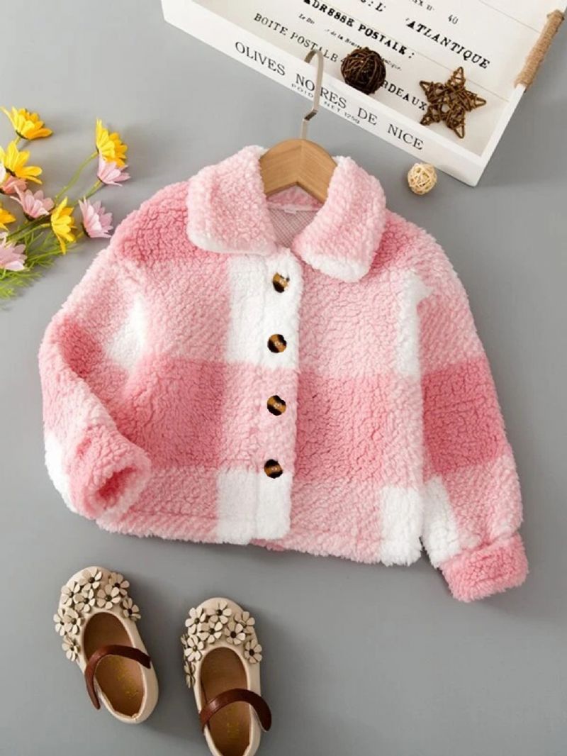 Børn Piger Fluffy Plaid Jakke Varm Button Down Efterår Vinter