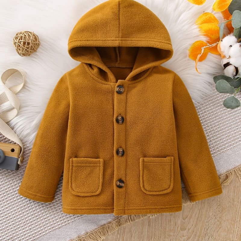 Drenge Solid Button Polar Fleece Varm Hættejakke Efterår Vinter