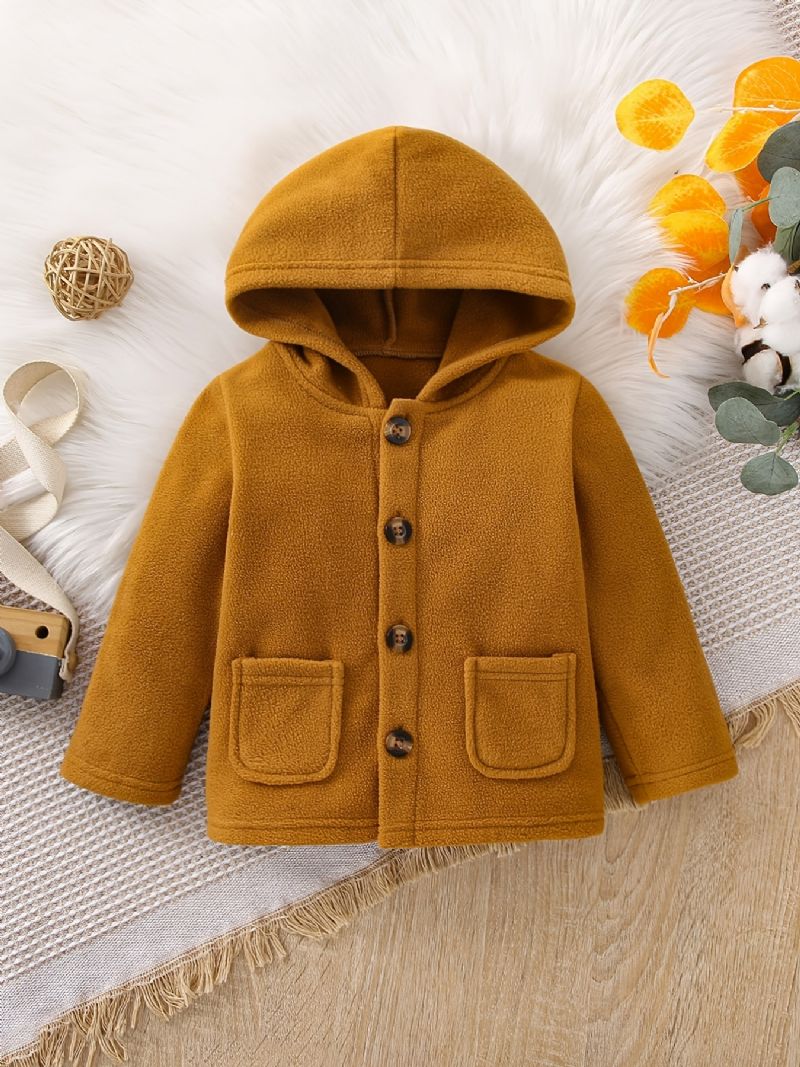 Drenge Solid Button Polar Fleece Varm Hættejakke Efterår Vinter