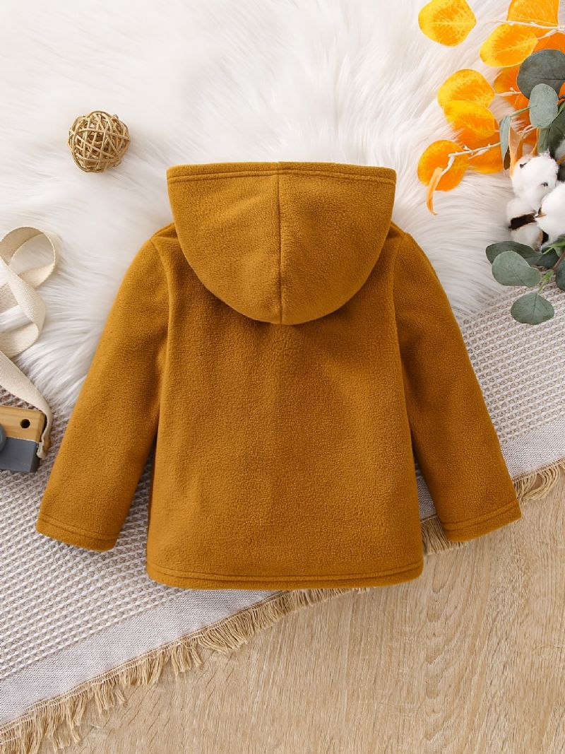 Drenge Solid Button Polar Fleece Varm Hættejakke Efterår Vinter