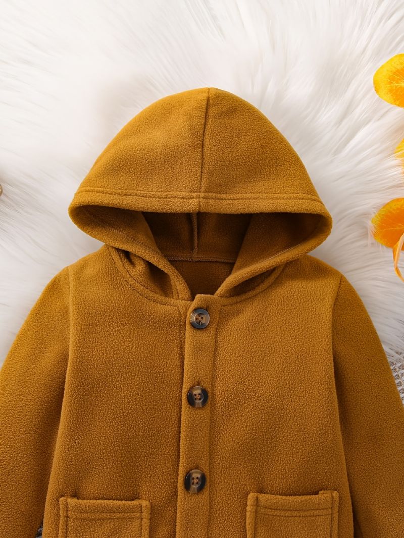 Drenge Solid Button Polar Fleece Varm Hættejakke Efterår Vinter