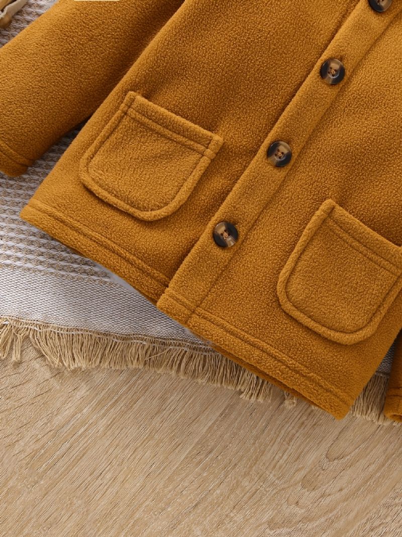 Drenge Solid Button Polar Fleece Varm Hættejakke Efterår Vinter