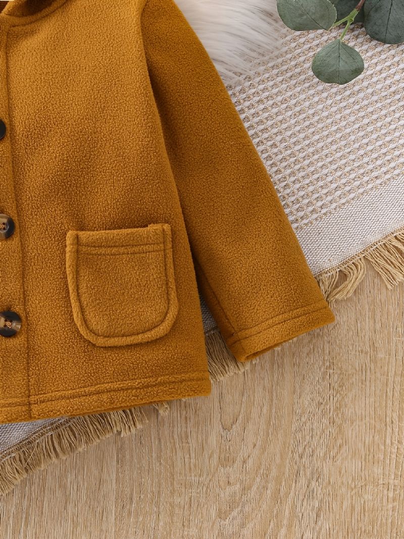 Drenge Solid Button Polar Fleece Varm Hættejakke Efterår Vinter