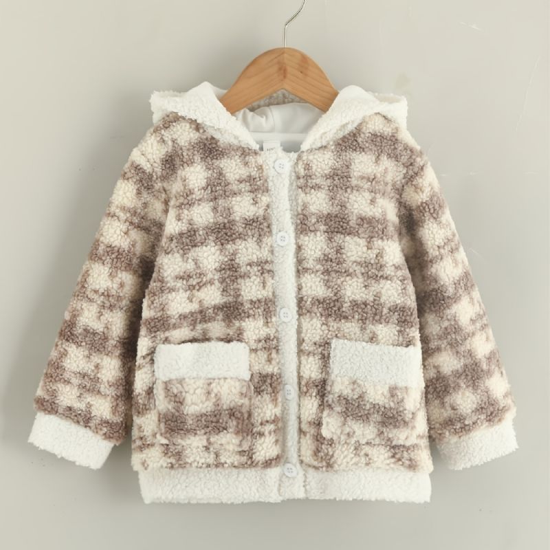 Efterår Vinter Ny Piger Plaid Afslappet Fleece Hættejakke Frakke