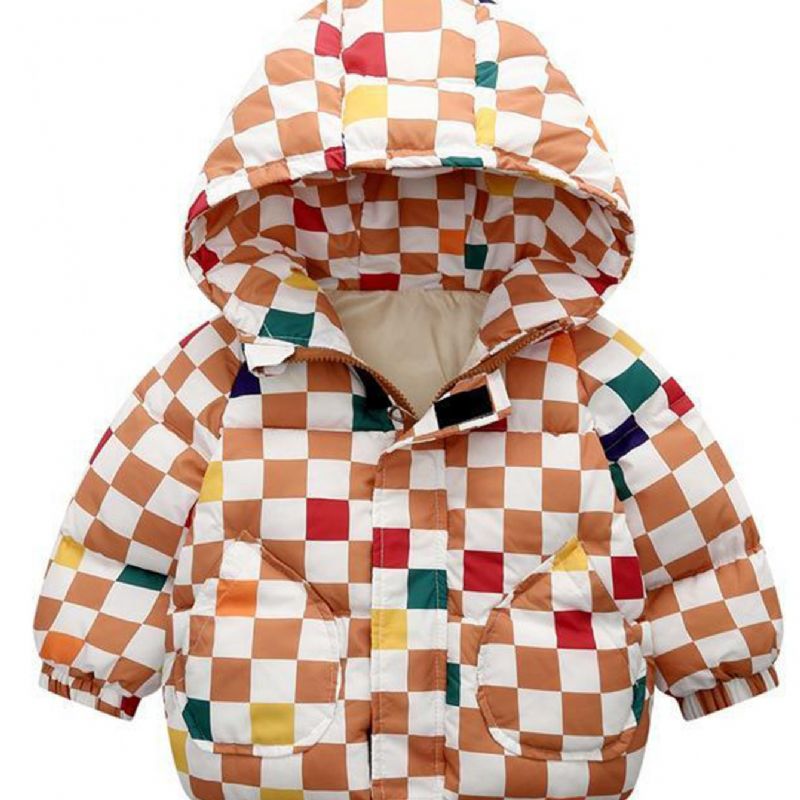 Langærmet Farverig Gingham-frakke Med Hætte Til Småbørnpiger