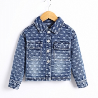 Piger Denimjakke Lapel Button Ripped Print Frakke Børnetøj