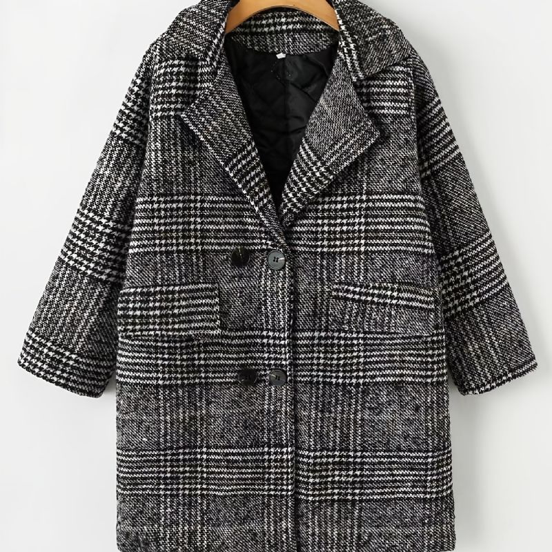 Piger Lapel Frakke Plaid Knap Fortykket Varmt Overtøj Vinter Børnetøj