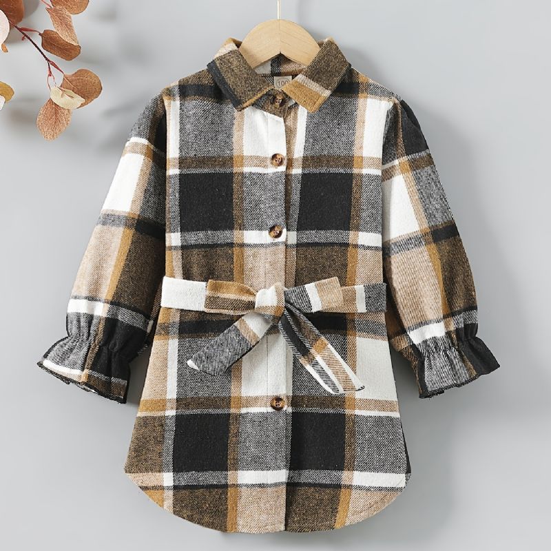 Piger Plaid Langærmet Revers Knap Varm Frakke Med Bowknot Bæltetøj