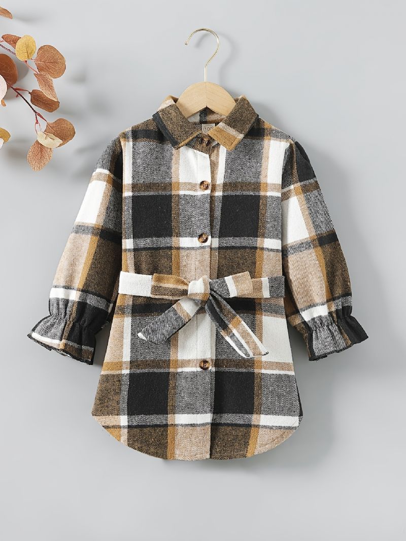 Piger Plaid Langærmet Revers Knap Varm Frakke Med Bowknot Bæltetøj