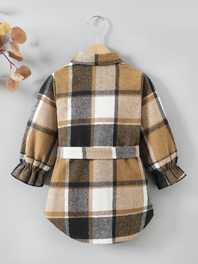 Piger Plaid Langærmet Revers Knap Varm Frakke Med Bowknot Bæltetøj