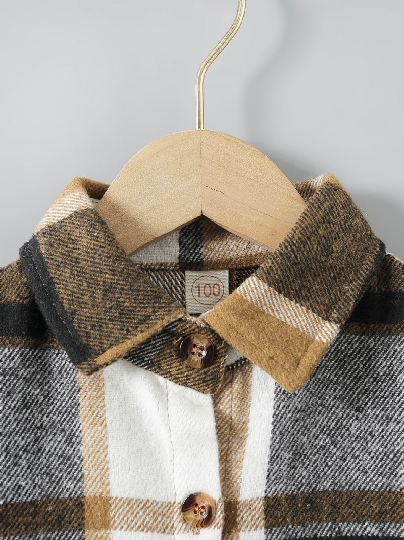 Piger Plaid Langærmet Revers Knap Varm Frakke Med Bowknot Bæltetøj