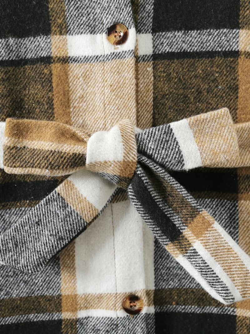 Piger Plaid Langærmet Revers Knap Varm Frakke Med Bowknot Bæltetøj