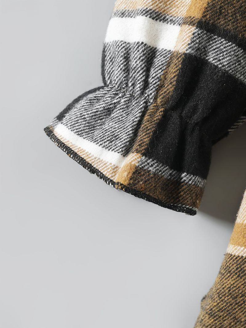 Piger Plaid Langærmet Revers Knap Varm Frakke Med Bowknot Bæltetøj