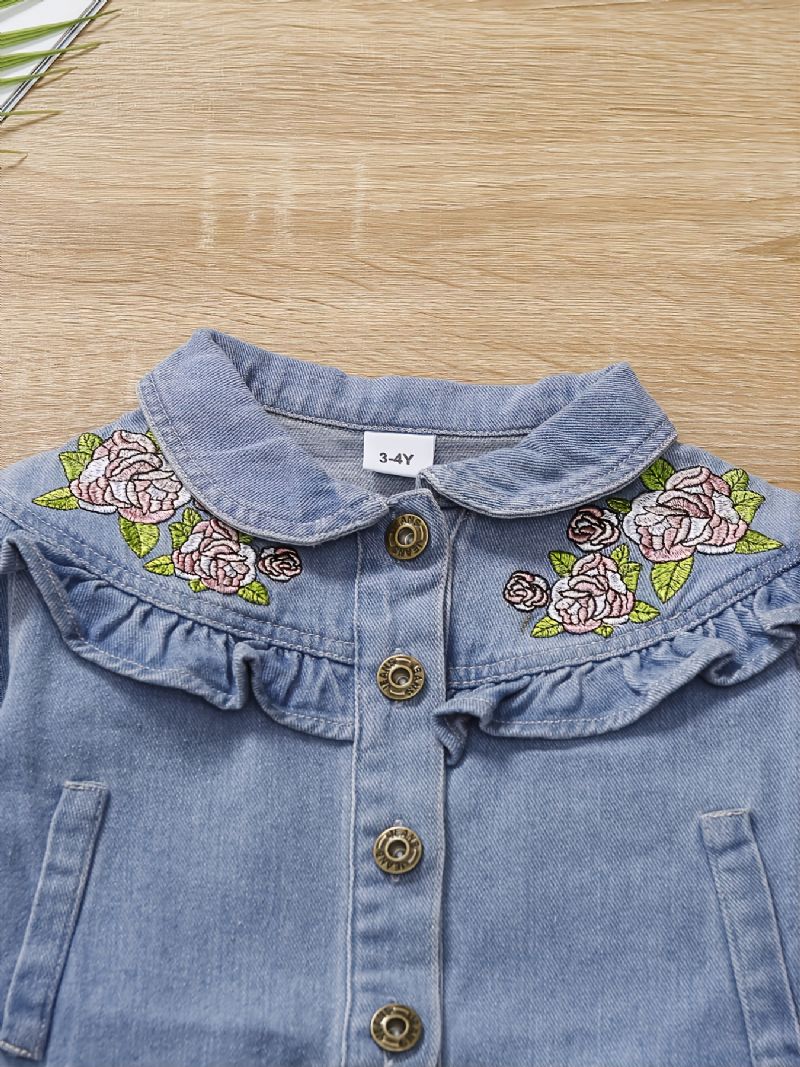 Piger Sød Mode Flower Brodery Denim Jakke Efterår Vinter