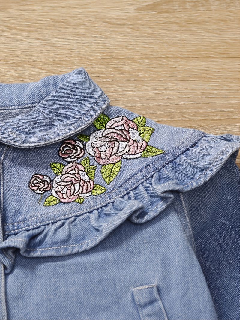 Piger Sød Mode Flower Brodery Denim Jakke Efterår Vinter