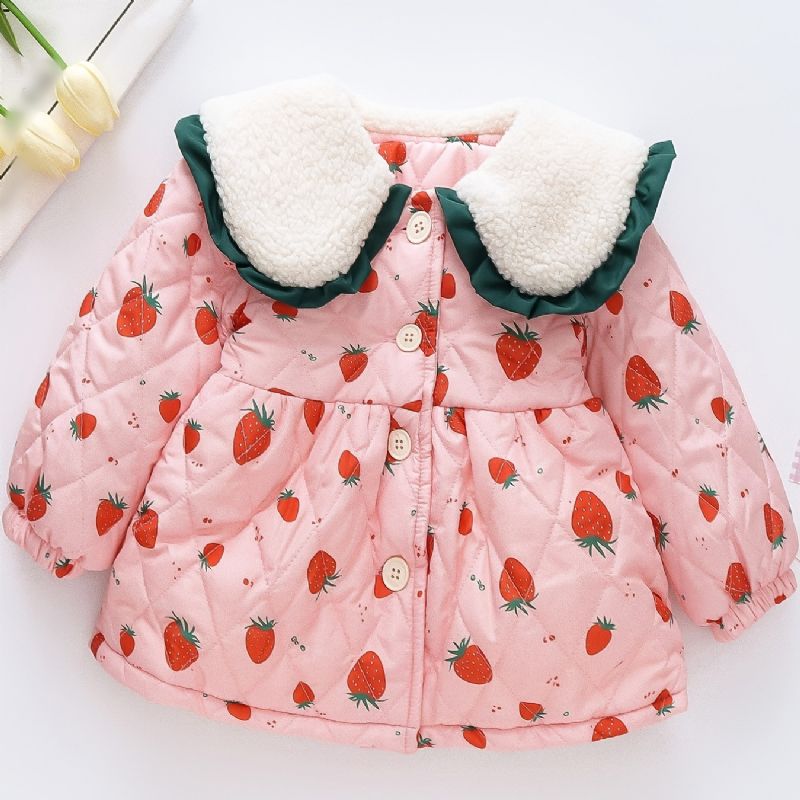 Småbørn Baby Piger Fleece Varm Pufferfrakke Strawberry Print Knap Reversjakke