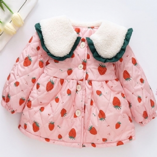 Småbørn Baby Piger Fleece Varm Pufferfrakke Strawberry Print Knap Reversjakke