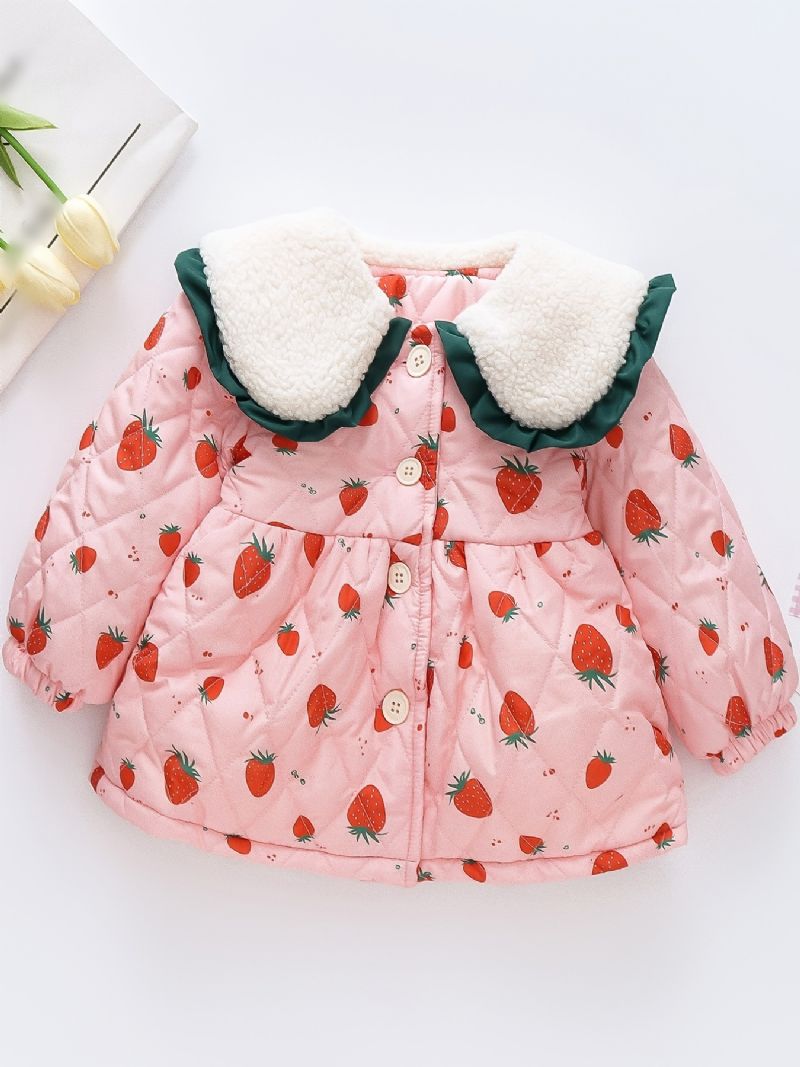 Småbørn Baby Piger Fleece Varm Pufferfrakke Strawberry Print Knap Reversjakke