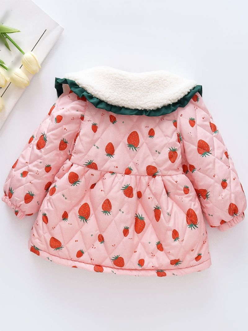 Småbørn Baby Piger Fleece Varm Pufferfrakke Strawberry Print Knap Reversjakke