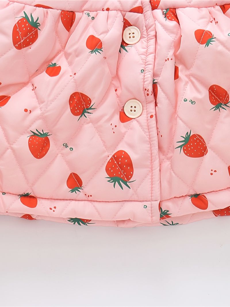 Småbørn Baby Piger Fleece Varm Pufferfrakke Strawberry Print Knap Reversjakke