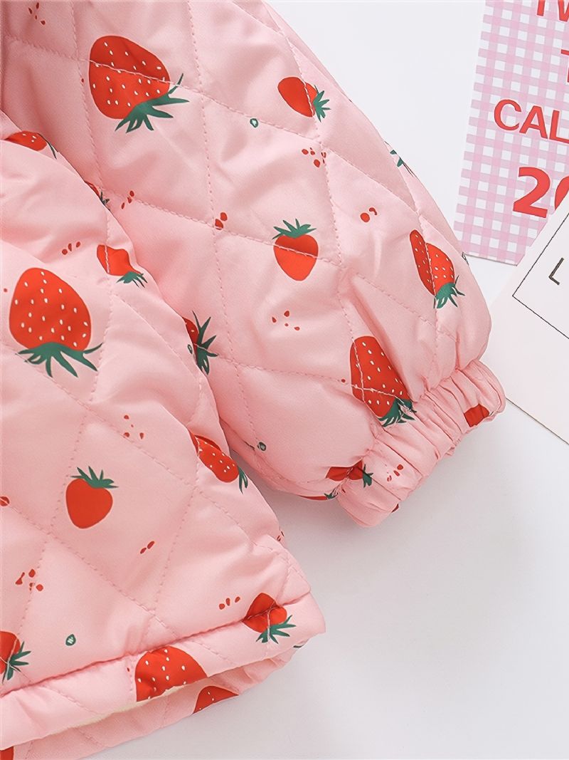 Småbørn Baby Piger Fleece Varm Pufferfrakke Strawberry Print Knap Reversjakke