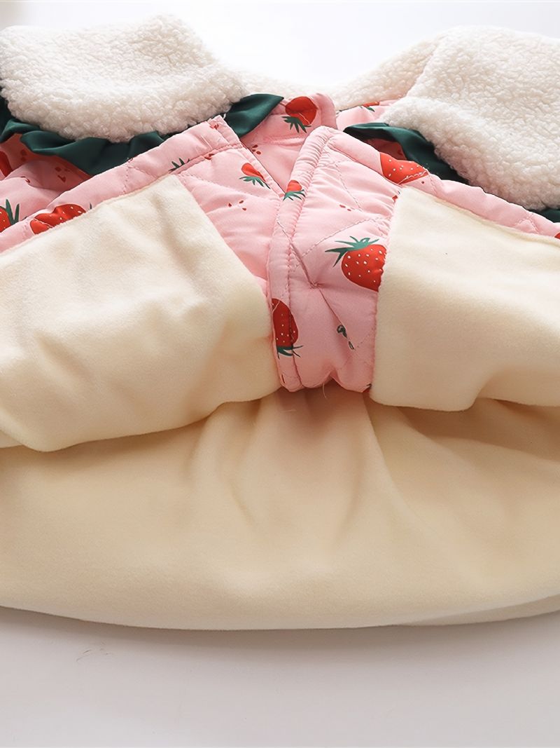 Småbørn Baby Piger Fleece Varm Pufferfrakke Strawberry Print Knap Reversjakke