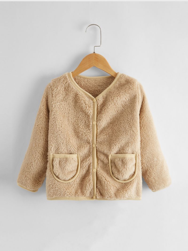 Småbørn Piger Fluffy Langærmet Knap Dobbelt Pocket Teddy Frakke