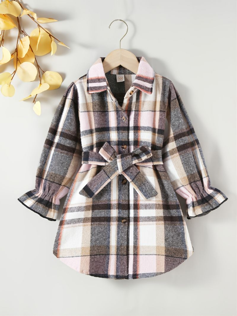 Småbørnspiger Plaid Langærmet Button Down Jakke Med Bælte Børnetøj