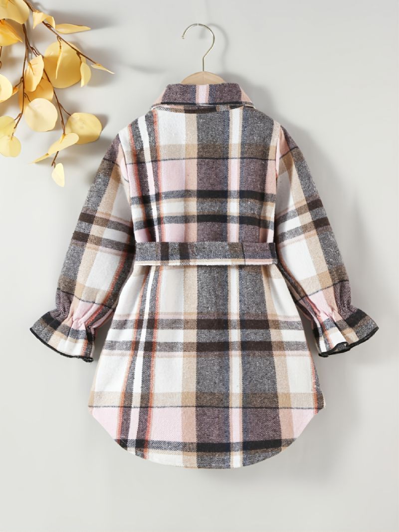 Småbørnspiger Plaid Langærmet Button Down Jakke Med Bælte Børnetøj