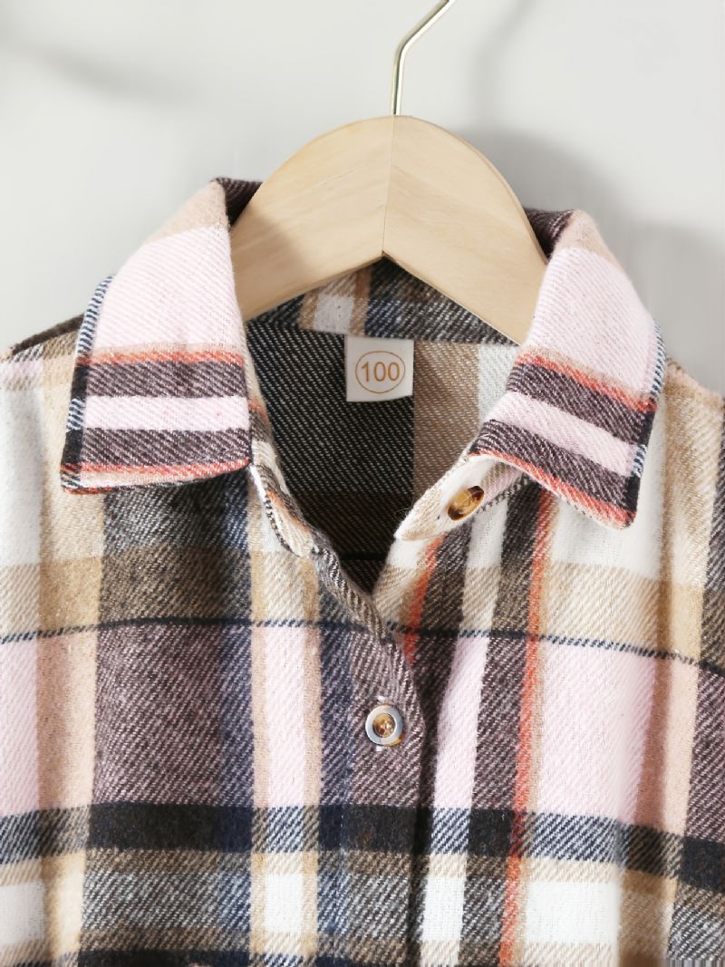 Småbørnspiger Plaid Langærmet Button Down Jakke Med Bælte Børnetøj