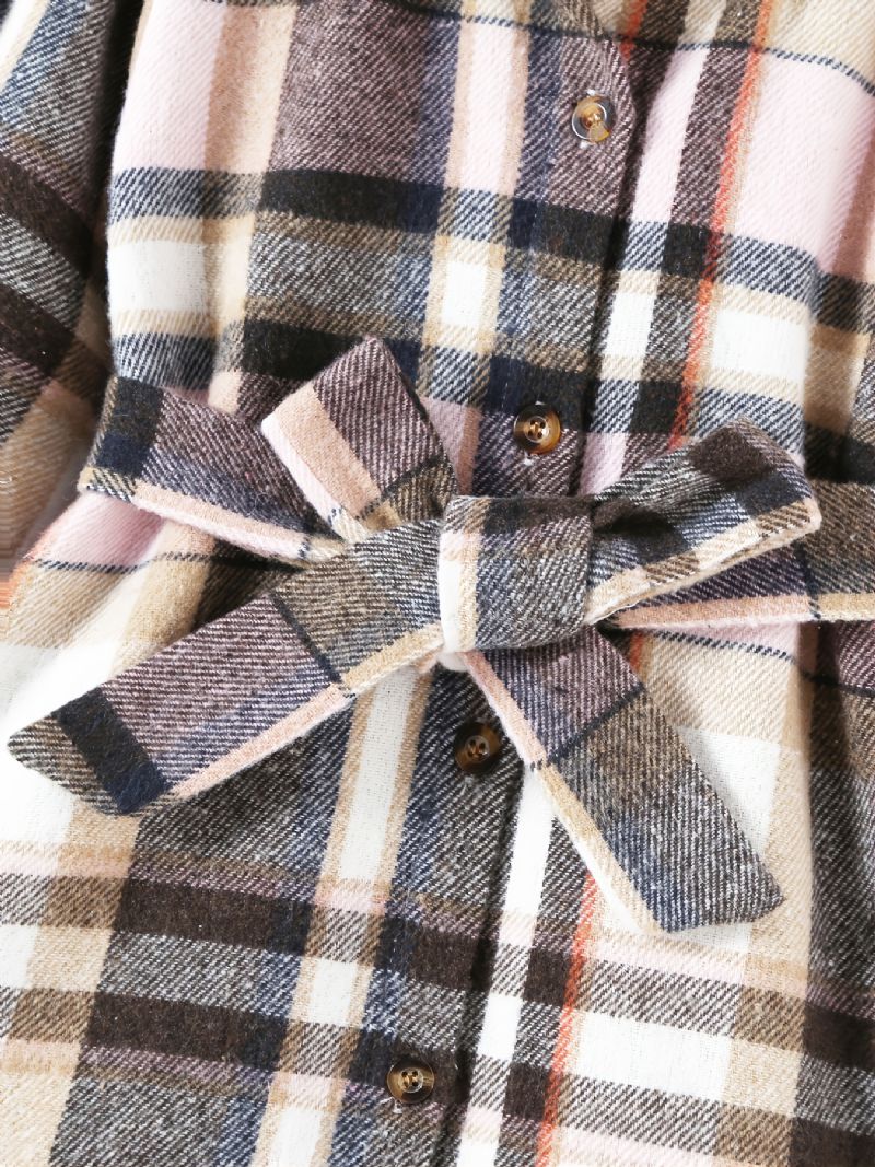 Småbørnspiger Plaid Langærmet Button Down Jakke Med Bælte Børnetøj