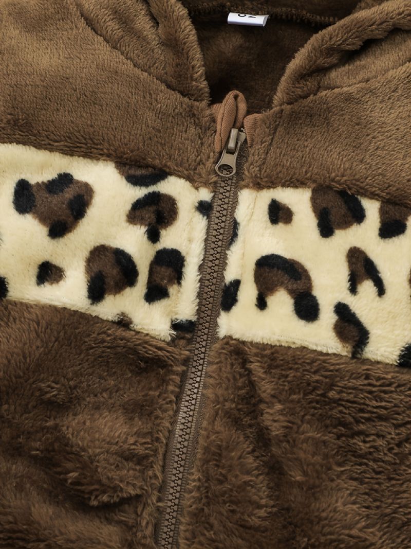 Spædbørns Plys Leopard-print Paneleret Langærmet Hættefrakke