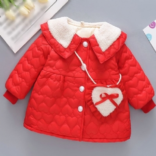 Toddler Baby Piger Fleece Varm Pufferfrakke Hjerte Print Knap Reversjakke