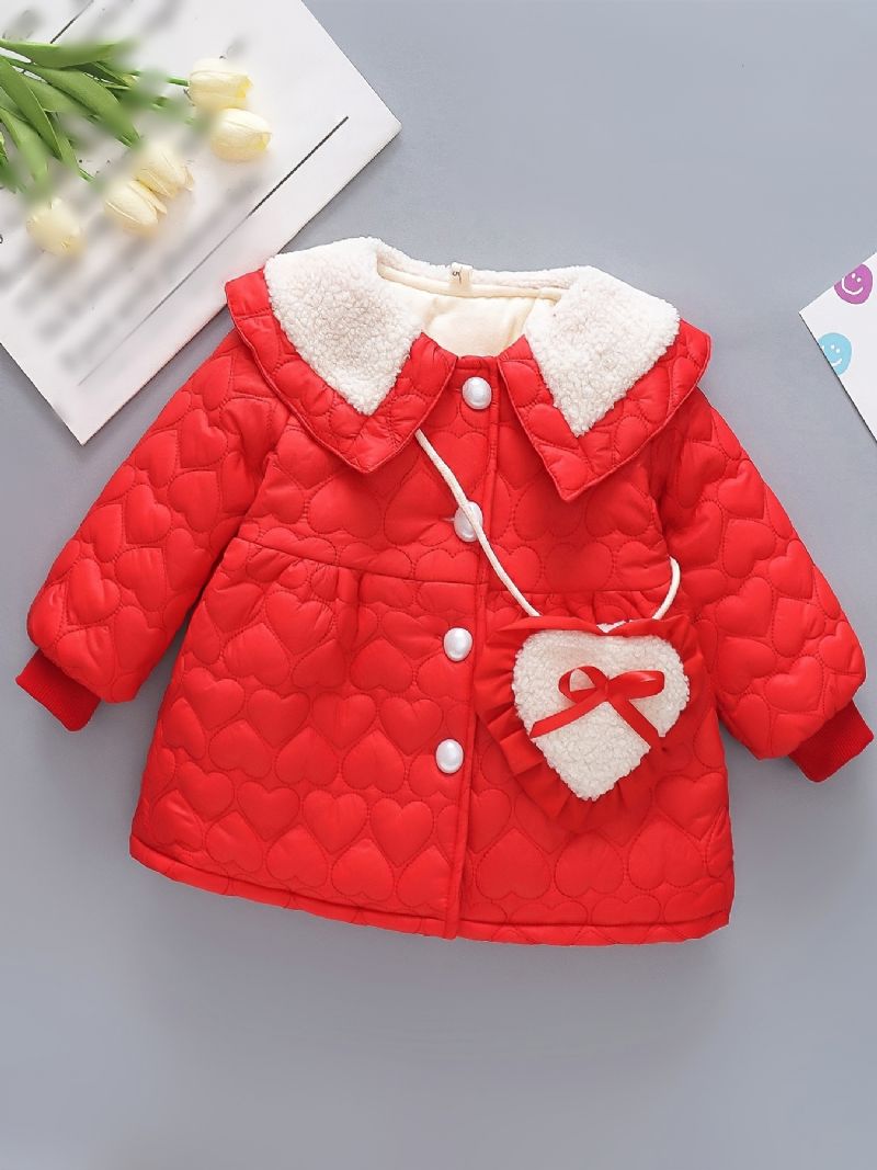 Toddler Baby Piger Fleece Varm Pufferfrakke Hjerte Print Knap Reversjakke