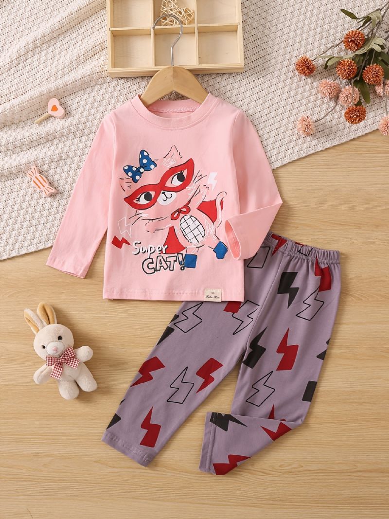 2 Stk Børn Piger Pyjamas Søde Dyr Print Rund Hals Langærmet Top & Bukser Sæt