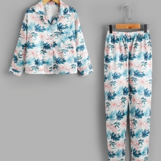 2 Stk Efterår & Vinter Piger Casual Lapel Leaf Print Langærmede Bukser Pyjamas Sæt